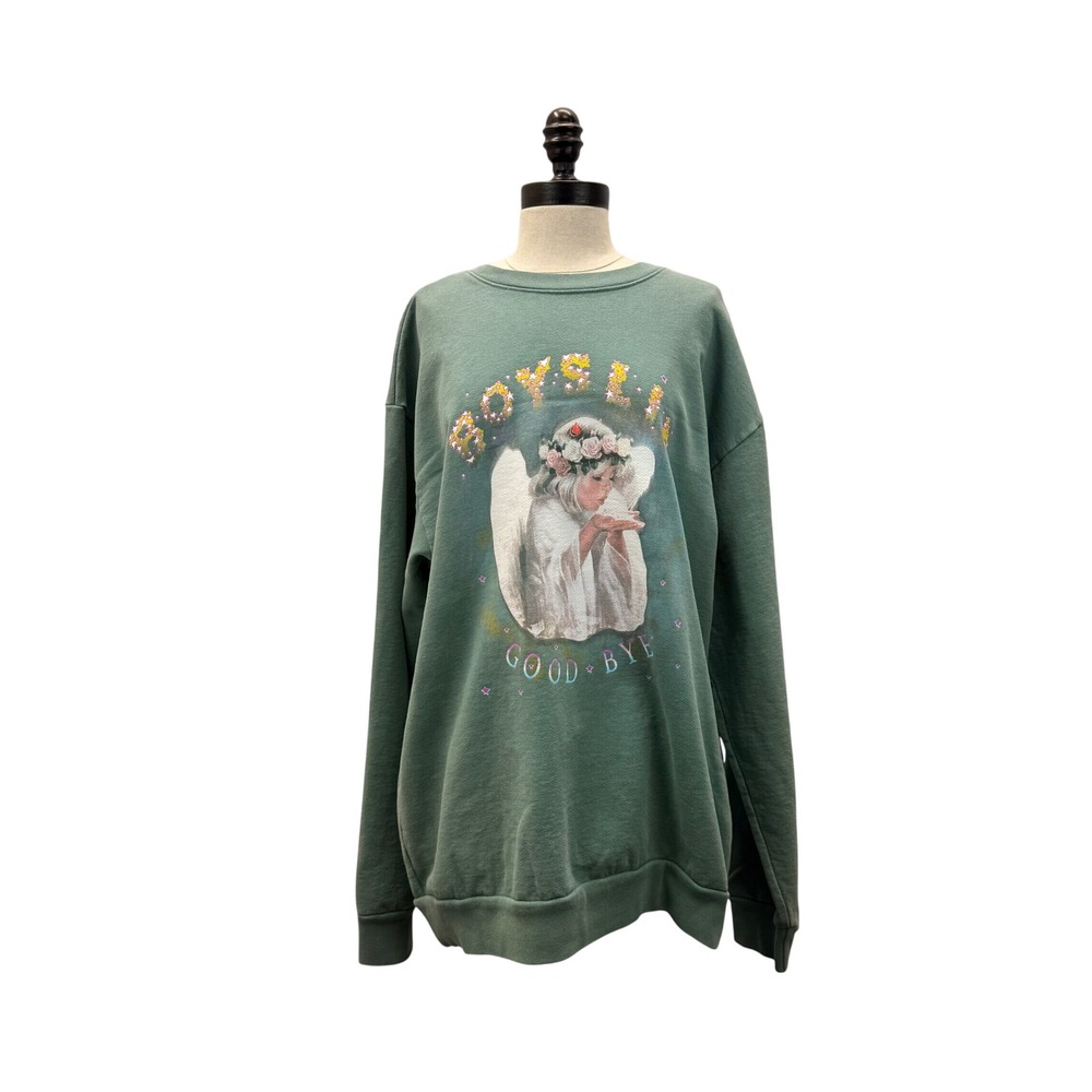 Boys Lie Sweatshirt Womens OS Green Excellent Angel Graphic Oversized Pullover - Picture 2 of 4